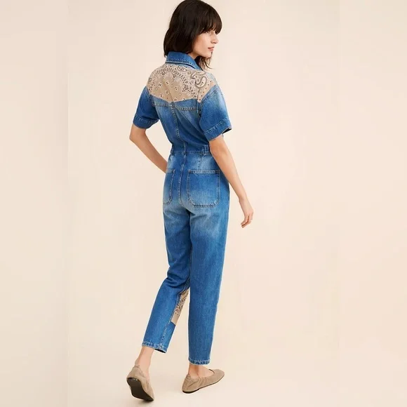 New! Free People x Tricia Fix Tan Bandana Patchwork Blue Denim Jumpsuit💙 Medium - Picture 3 of 13